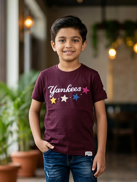 Boys Maroon Yankees Graphic Print Cotton T-Shirt