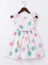 Girls White Floral Ruffle Cotton Frock