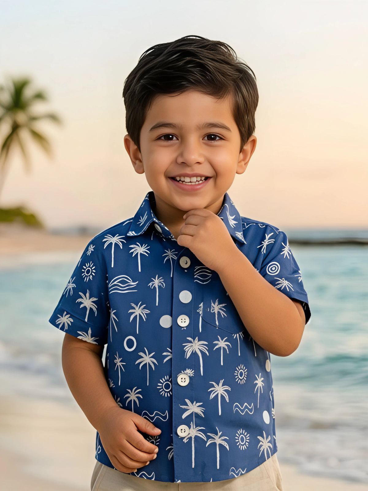 Boys Blue Tropical Palm Print Shirt and Shorts Coordinate Set