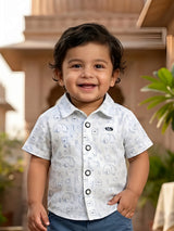 Boys Blue Safari Print Cotton Shirt and Shorts Co-ord Set