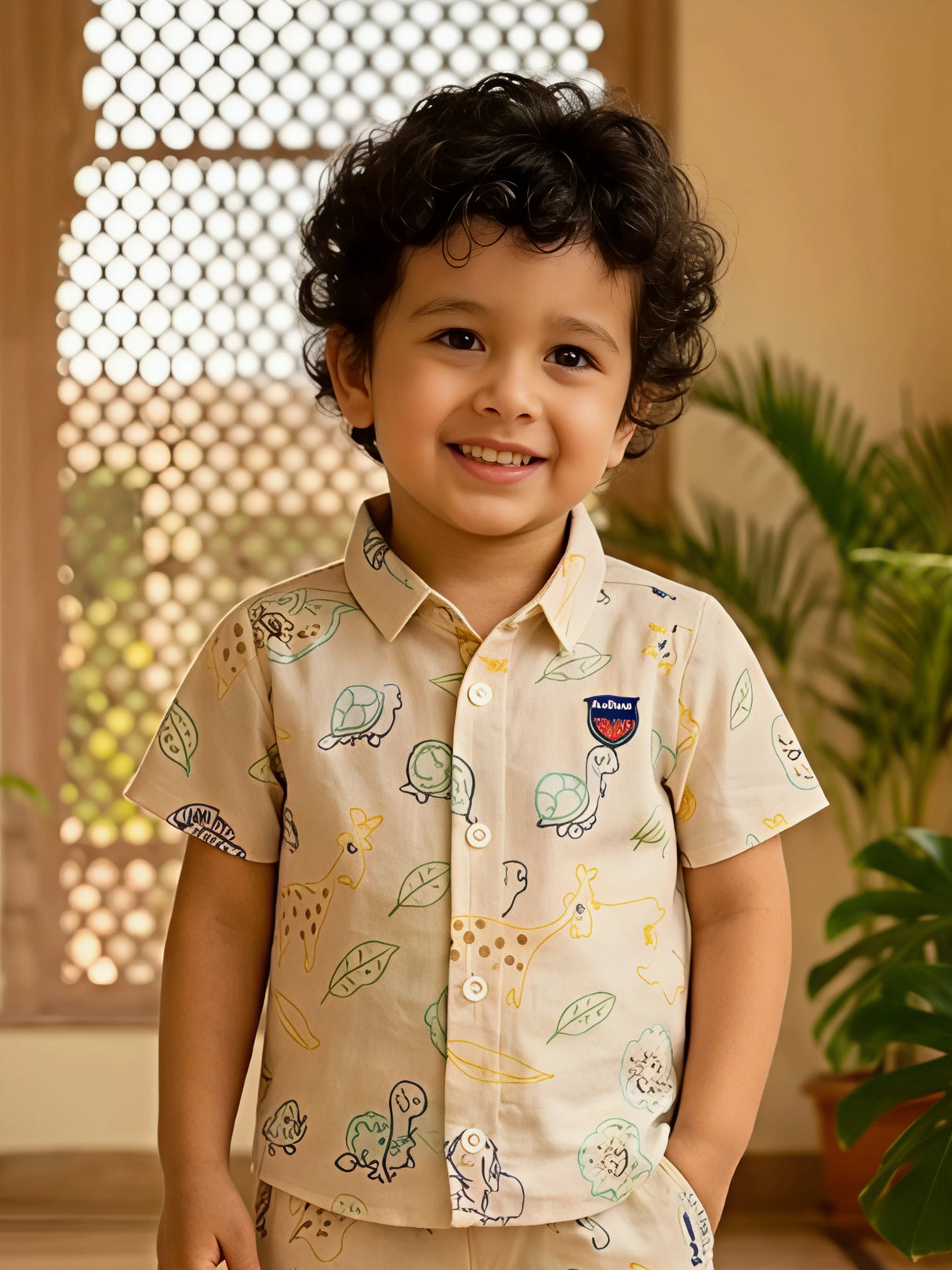 Boys Cream Animal Print Shirt and Shorts Coordinate Set