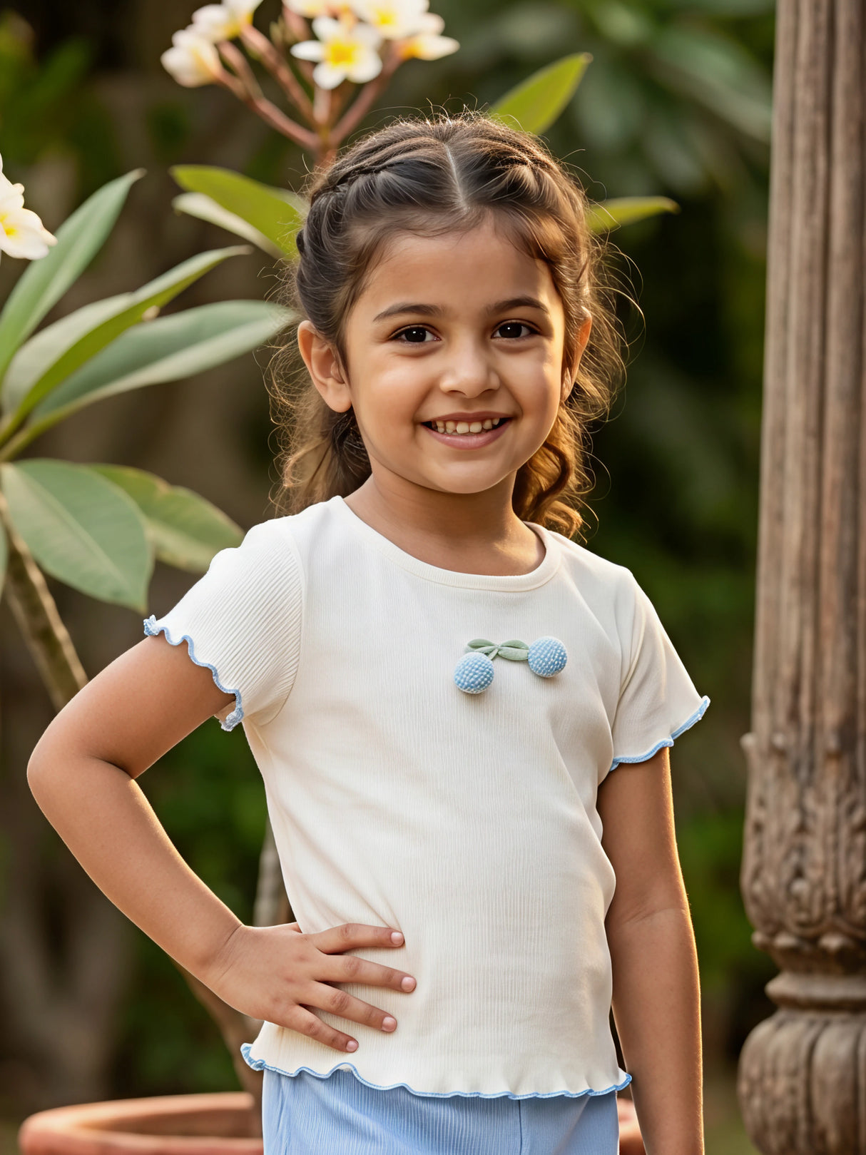 Girls' Ribbed Cotton Cream & Sky Blue Cherry Coordinate Set