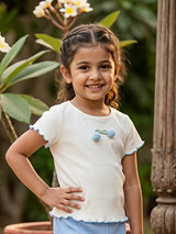 Girls' Ribbed Cotton Cream & Sky Blue Cherry Coordinate Set