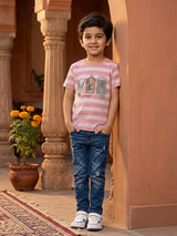 Boys' Pink Striped Graphic Print Cotton Casual T-Shirt