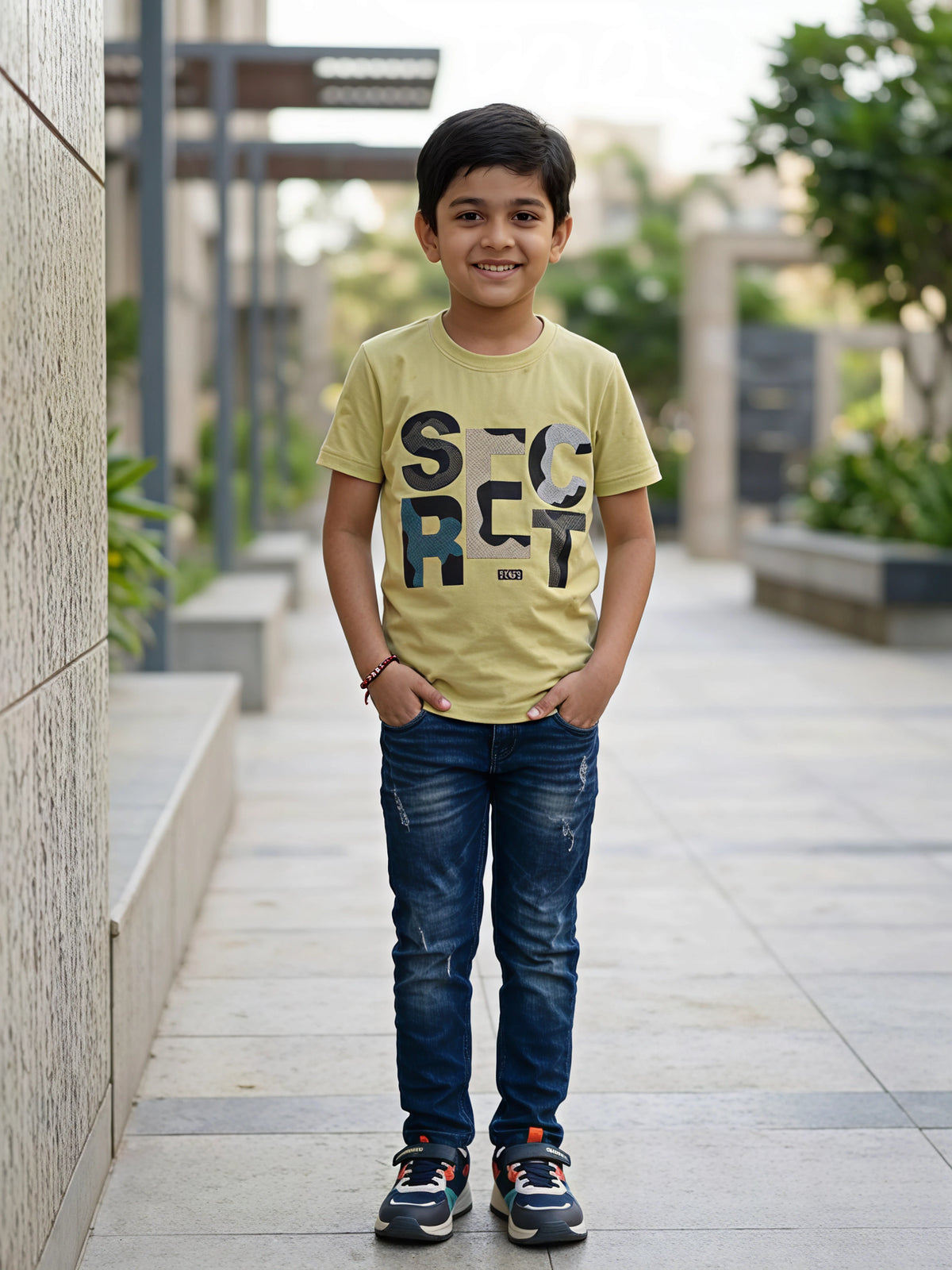 Boys Lime Green "SECRET" Graphic Print Cotton T-Shirt
