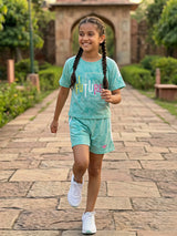 Girls Green "FUTURE" Printed Cotton Blend T-Shirt and Shorts Co-ord Set