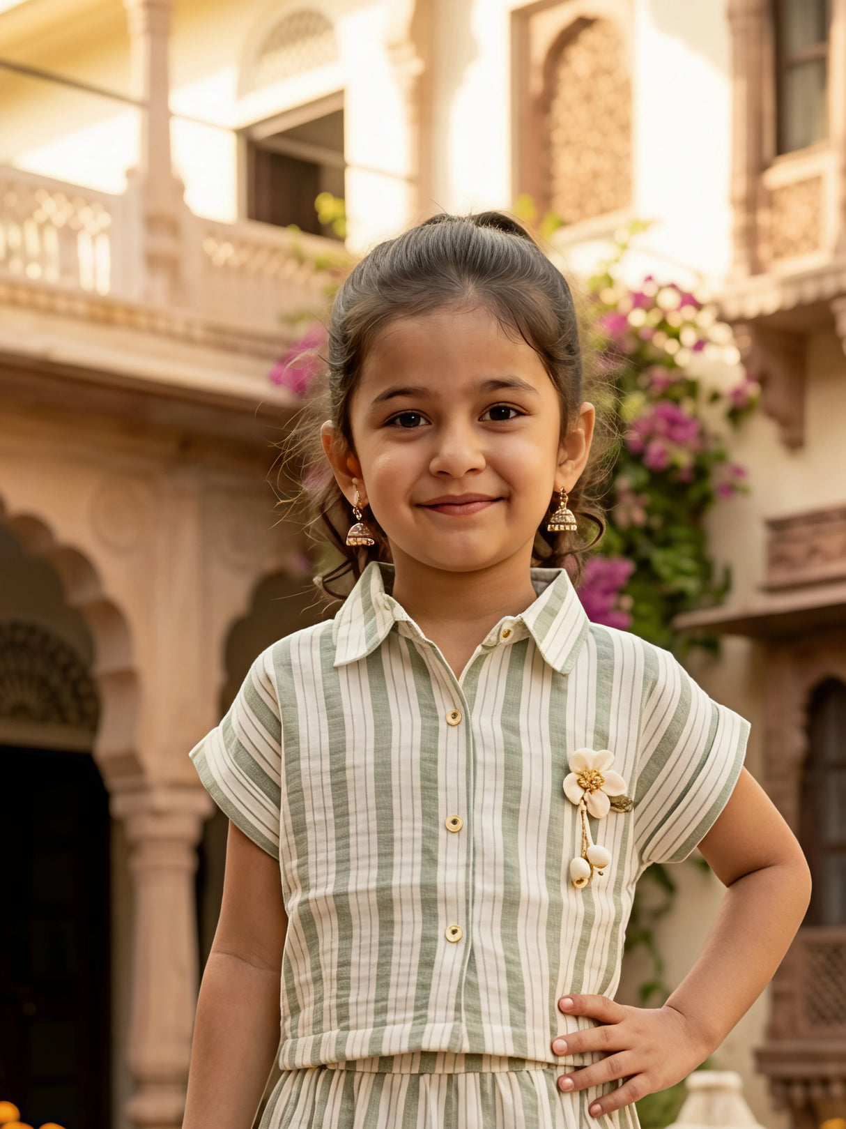 Girls Sage Green Striped Cotton Co-ord Set