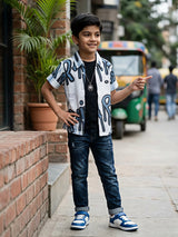 Boys Stylish Blue Graffiti Print Shirt and T-Shirt Set