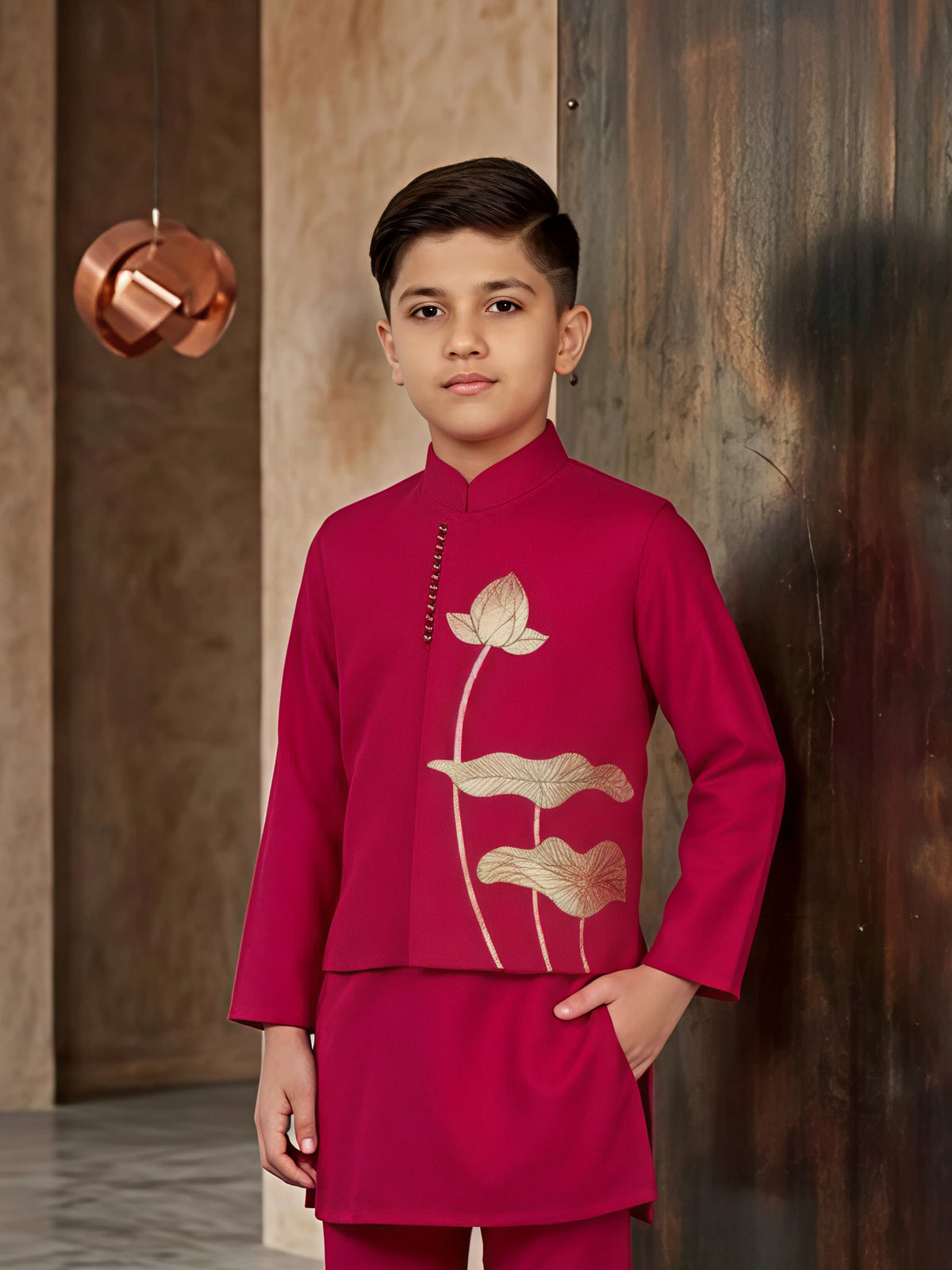 Boys Rani Pink Lotus Embroidered Kurta & Nehru Jacket Set