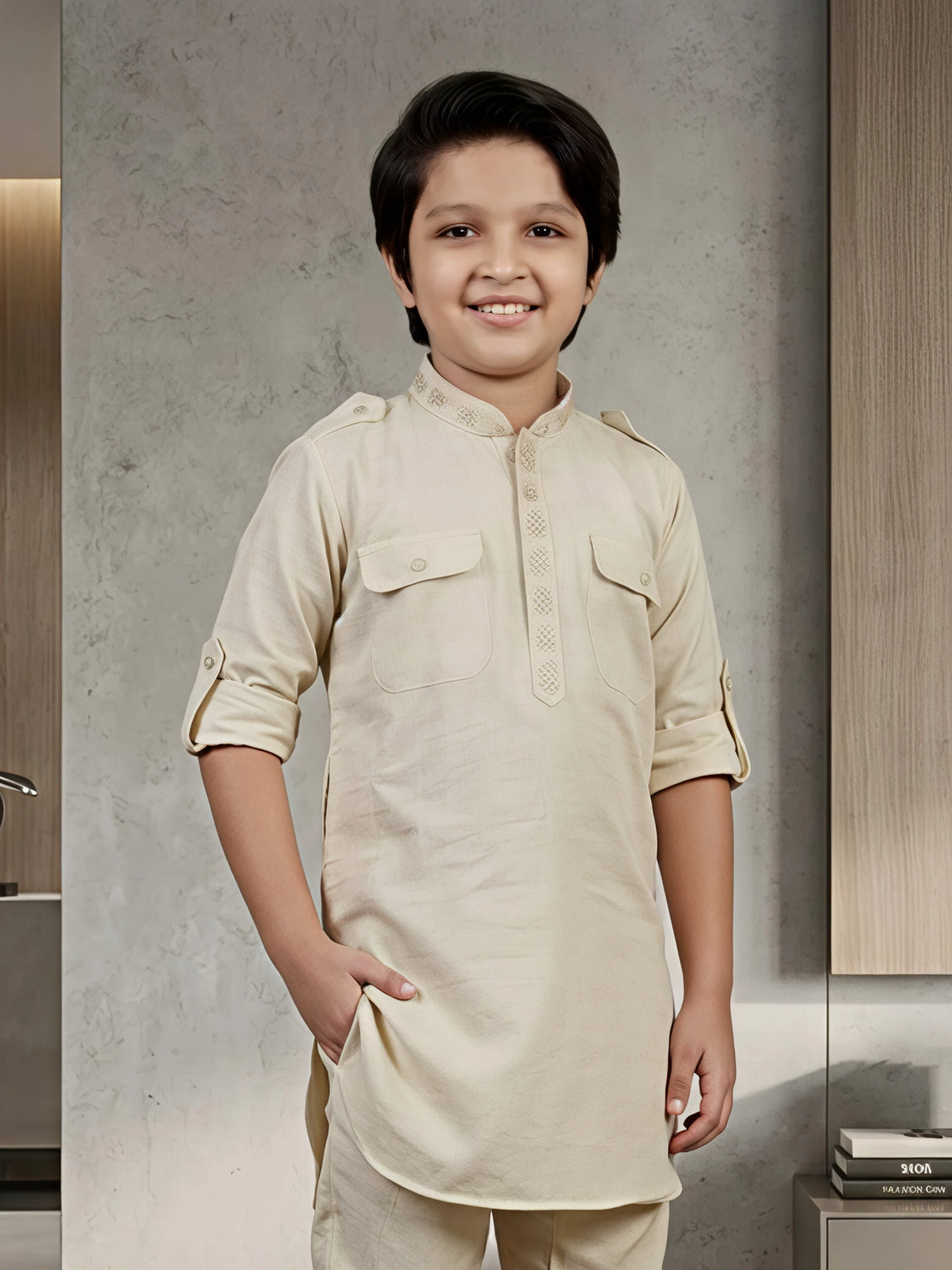 Boys Cream Textured Pathani Kurta Set with Pocket Details