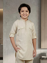 Boys Cream Textured Pathani Kurta Set with Pocket Details