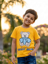 Boys Vibrant Yellow Teddy Bear Graphic Cotton T-Shirt