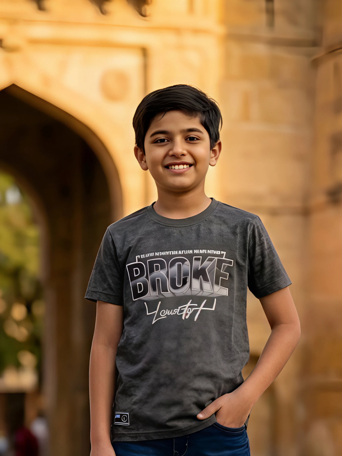 Boys Dark Grey Graphic Print Cotton T-Shirt