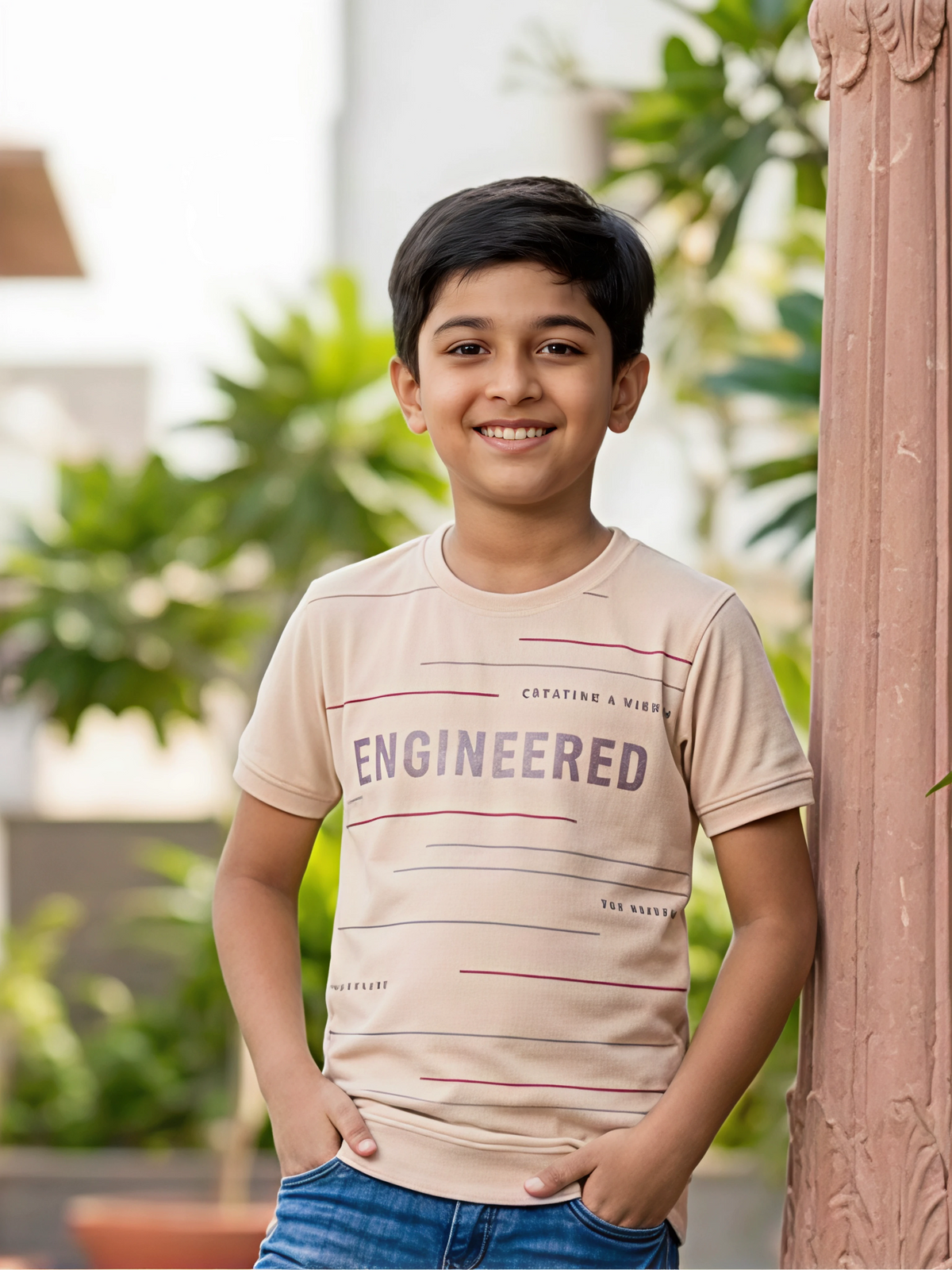 Boys Peach "Engineered" Graphic Ribbed T-Shirt
