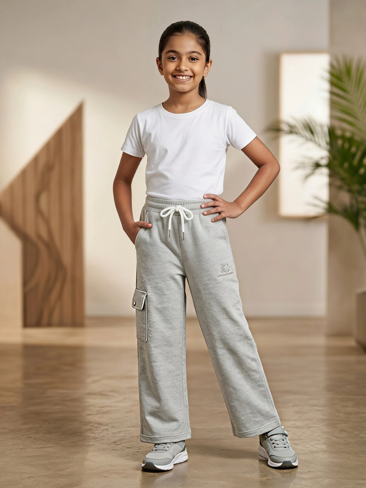 Girls' Dark Grey Wide-Leg Cargo Trackpants