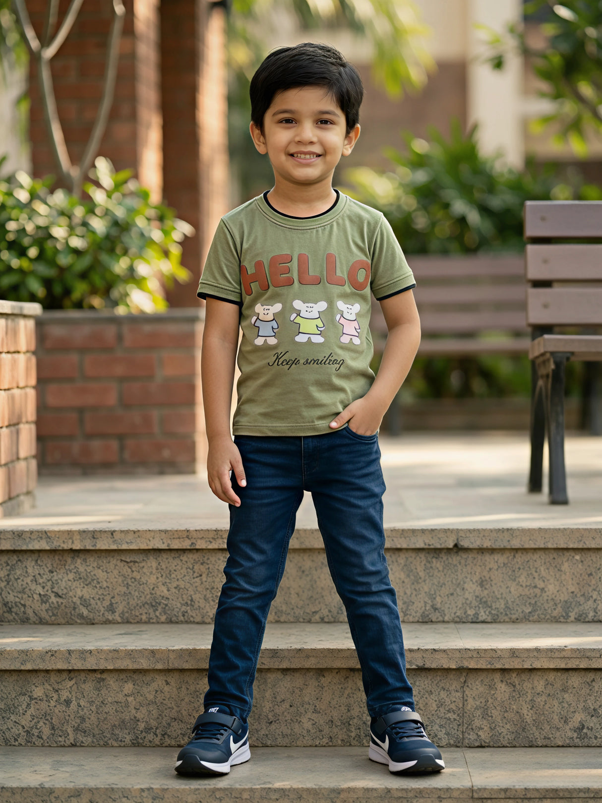 Boys Olive Green "Hello" Graphic T-Shirt