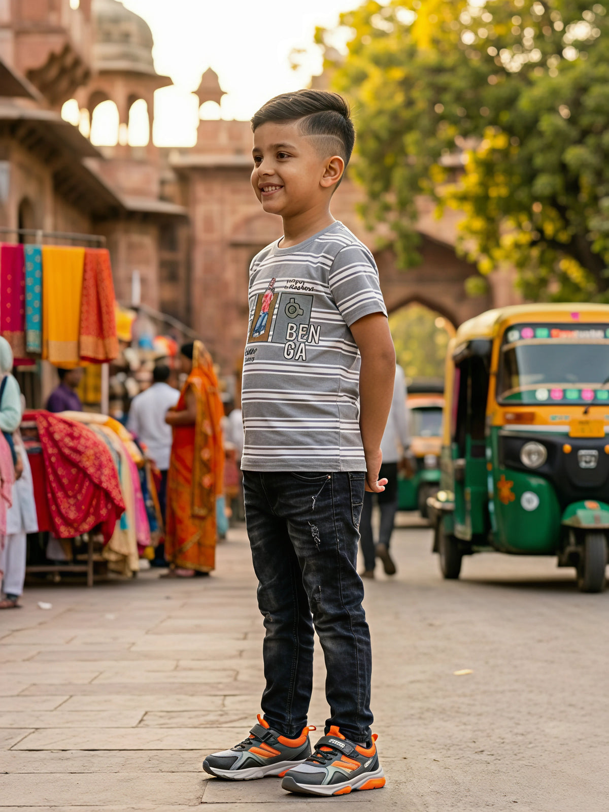 Boys' Casual Grey Striped Graphic T-Shirt