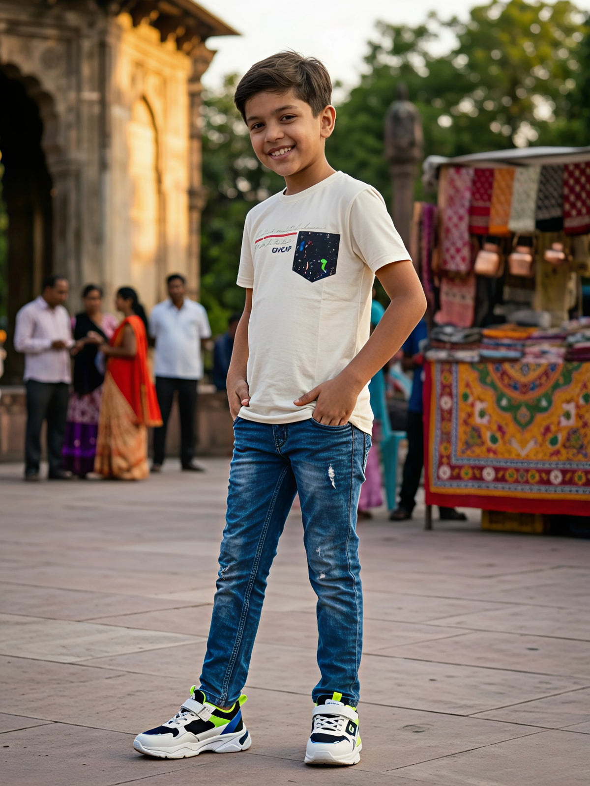 Boys' Elegant Cream Crew Neck T-Shirt with Contrast Pocket