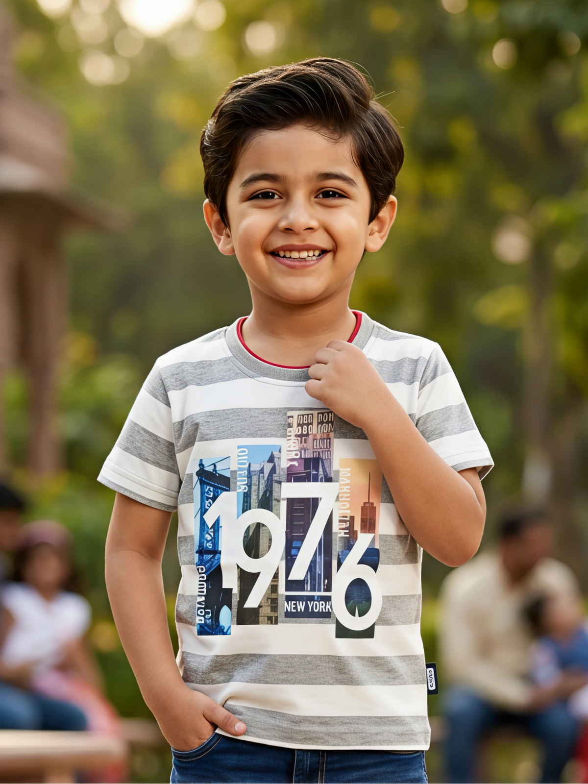 Boys Grey & White Striped Graphic Print Cotton T-Shirt