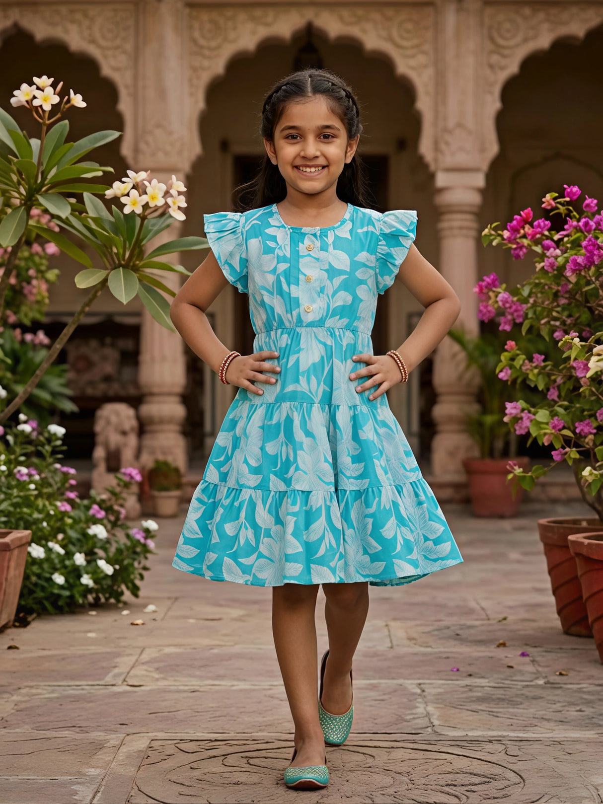 Girls' Sky Blue Leaf Print Tiered Cotton Frock with Ruffle Sleeves