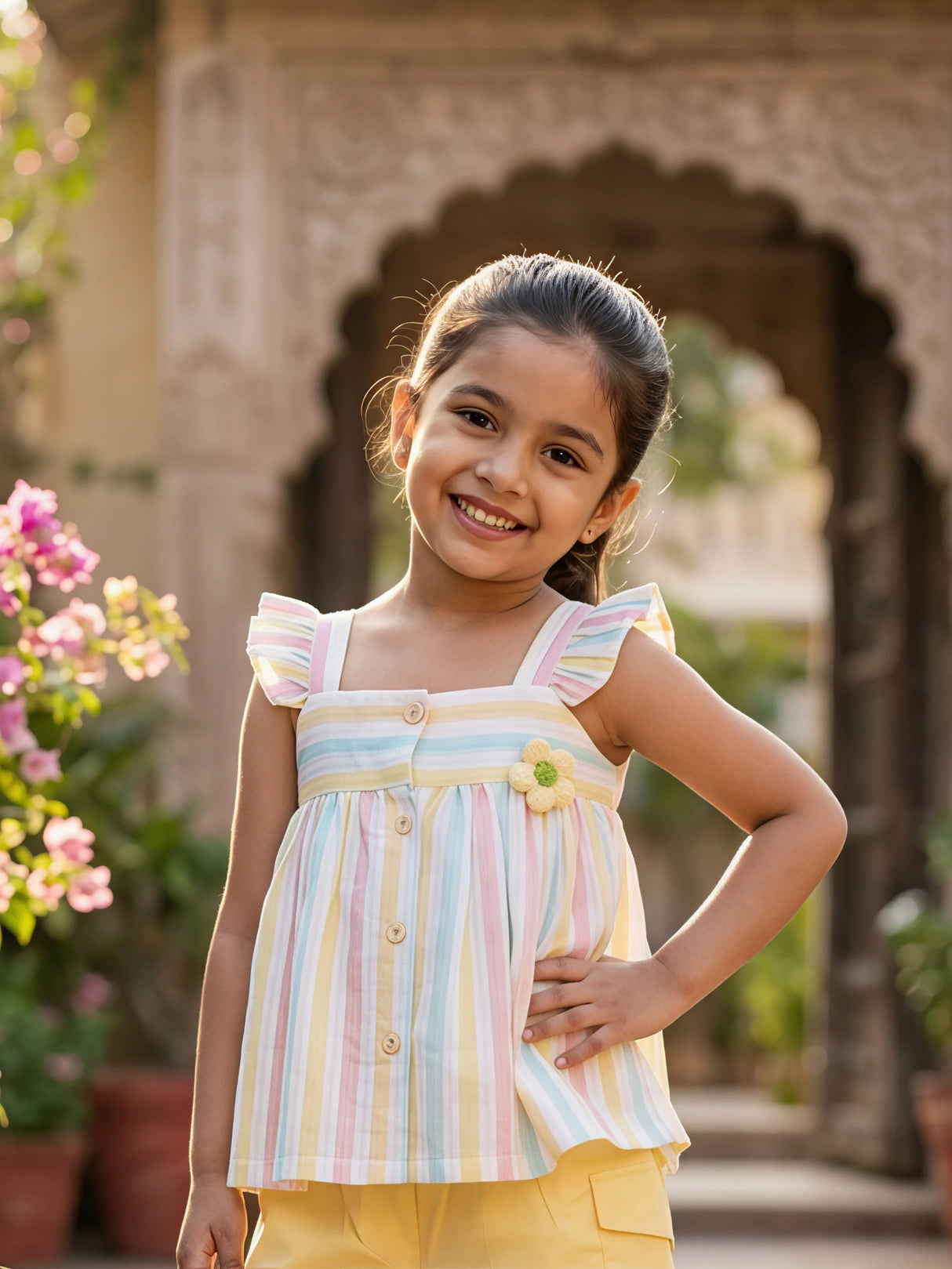 Girls Pastel Striped Ruffle Top and Yellow Cargo Shorts Coordinate Set