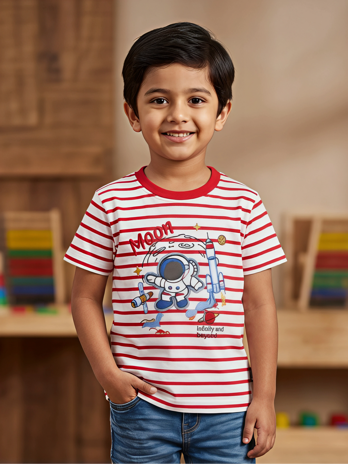 Boys Red Striped Astronaut Graphic T-Shirt
