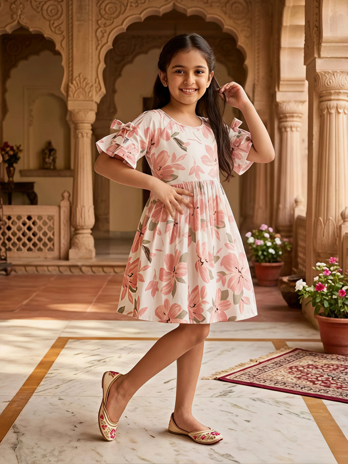 Girls Peach Floral Print Cotton Frock with Bow Sleeves