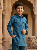 Boys Emerald Green Pathani Kurta Set with Pocket Details