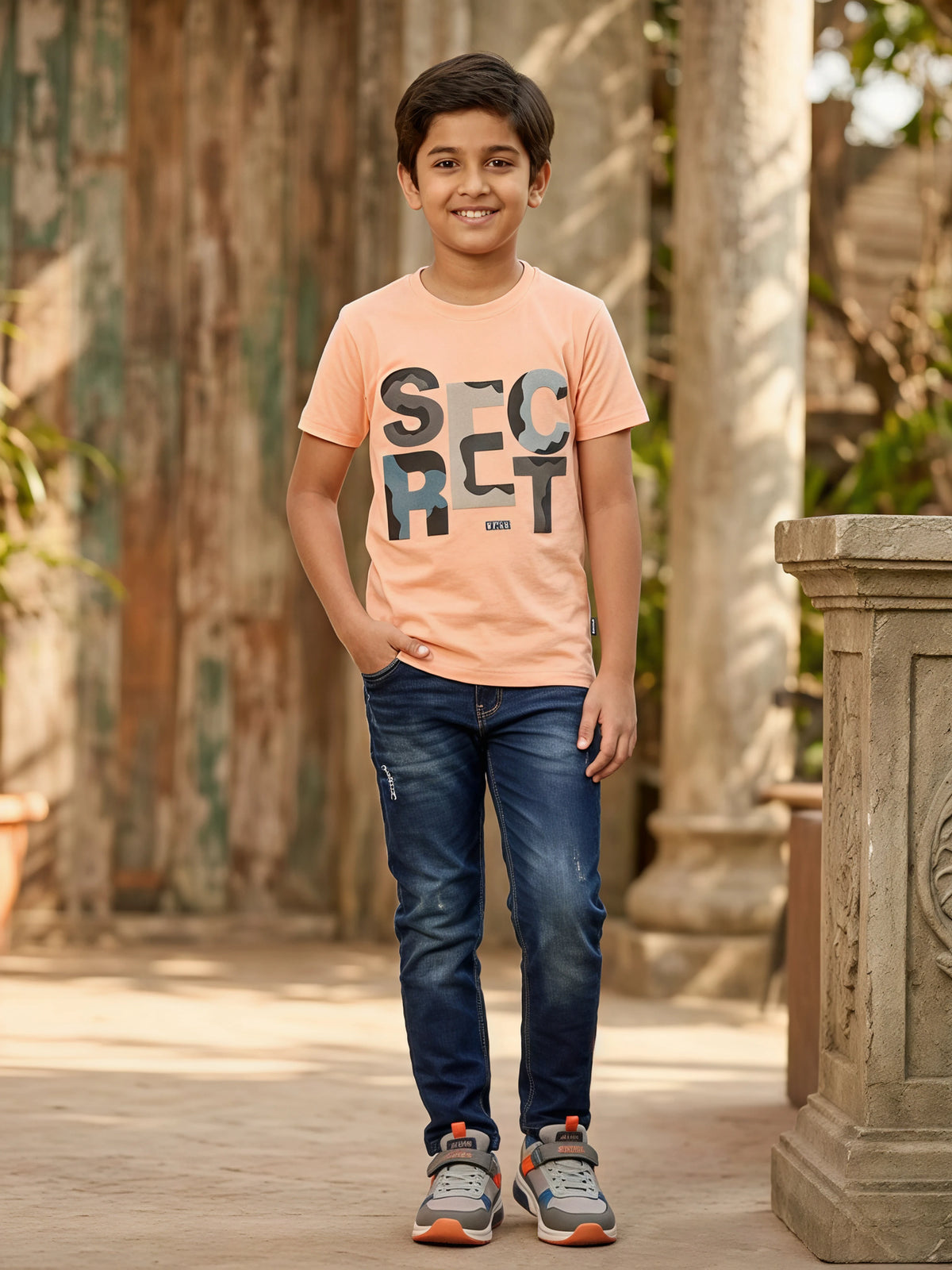 Boys Peach "SECRET" Camo Graphic T-Shirt