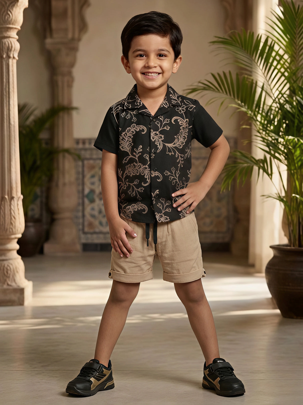 Boys Black Floral Print Cuban Collar Shirt and Beige Shorts Co-ord Set
