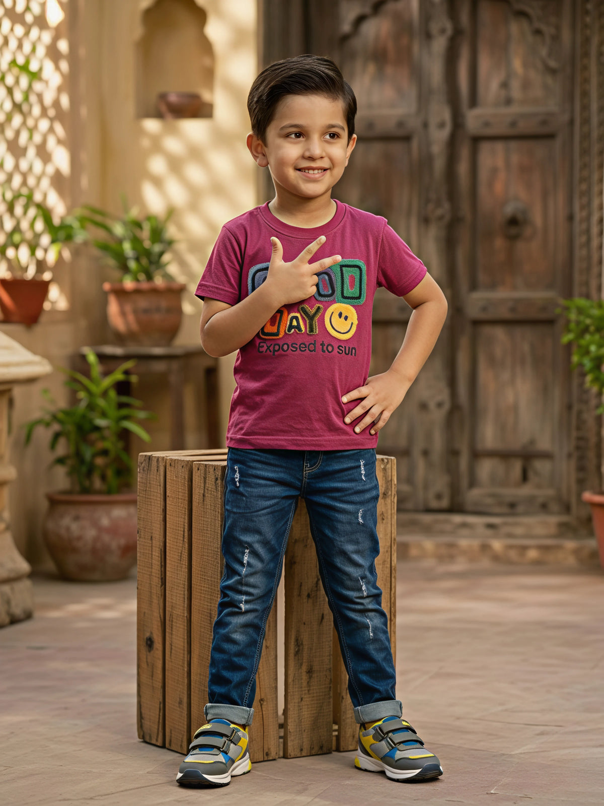 Boys Maroon "Good Day" Graphic Cotton T-Shirt