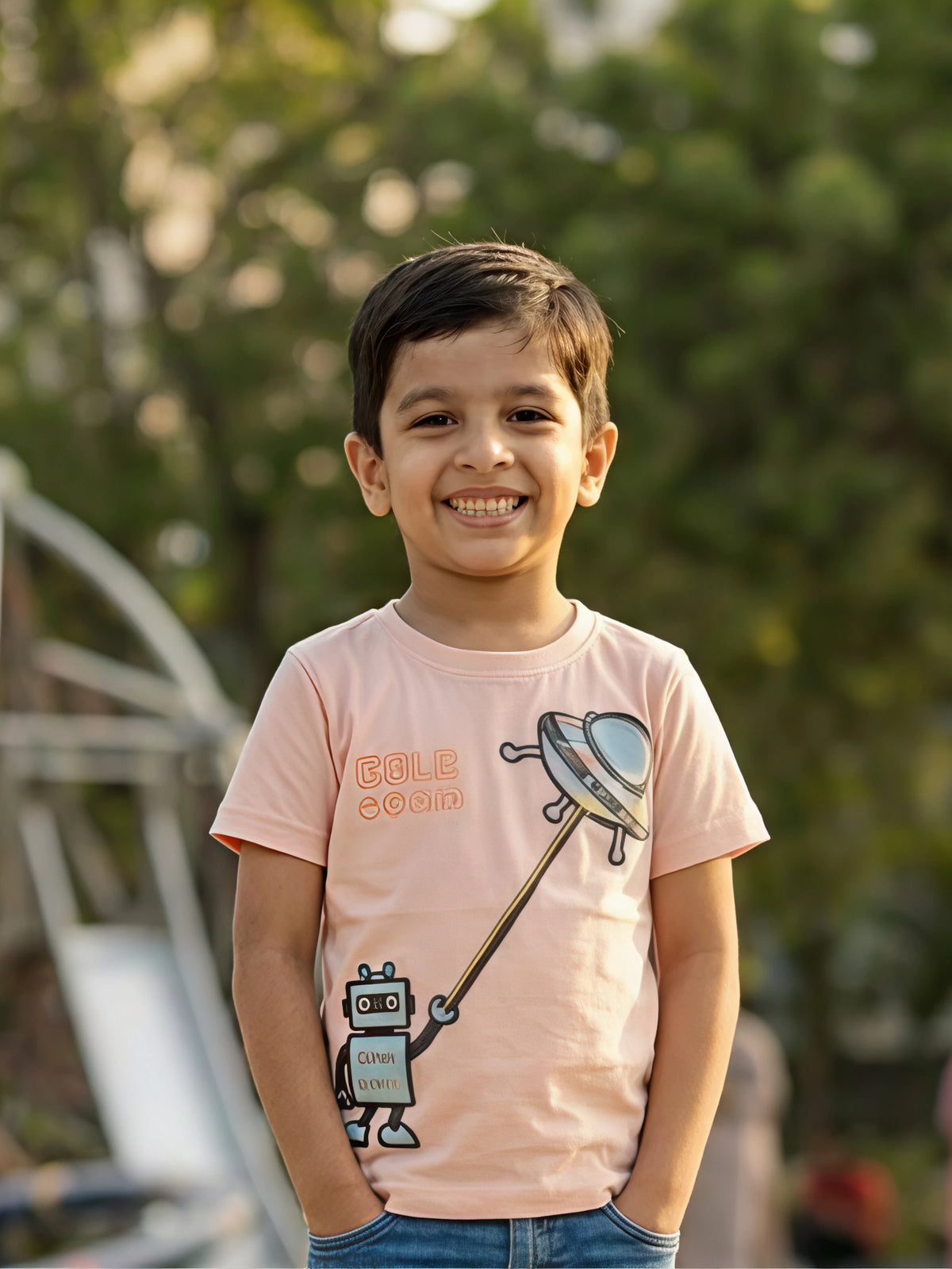 Boys Peach Robot & UFO Graphic Cotton T-Shirt