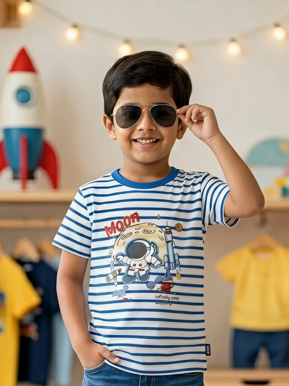 Boys Blue Striped Moon Astronaut Graphic T-Shirt