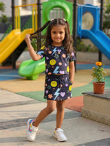Girls Navy Blue Graphic Print T-Shirt and Skirt Co-ord Set