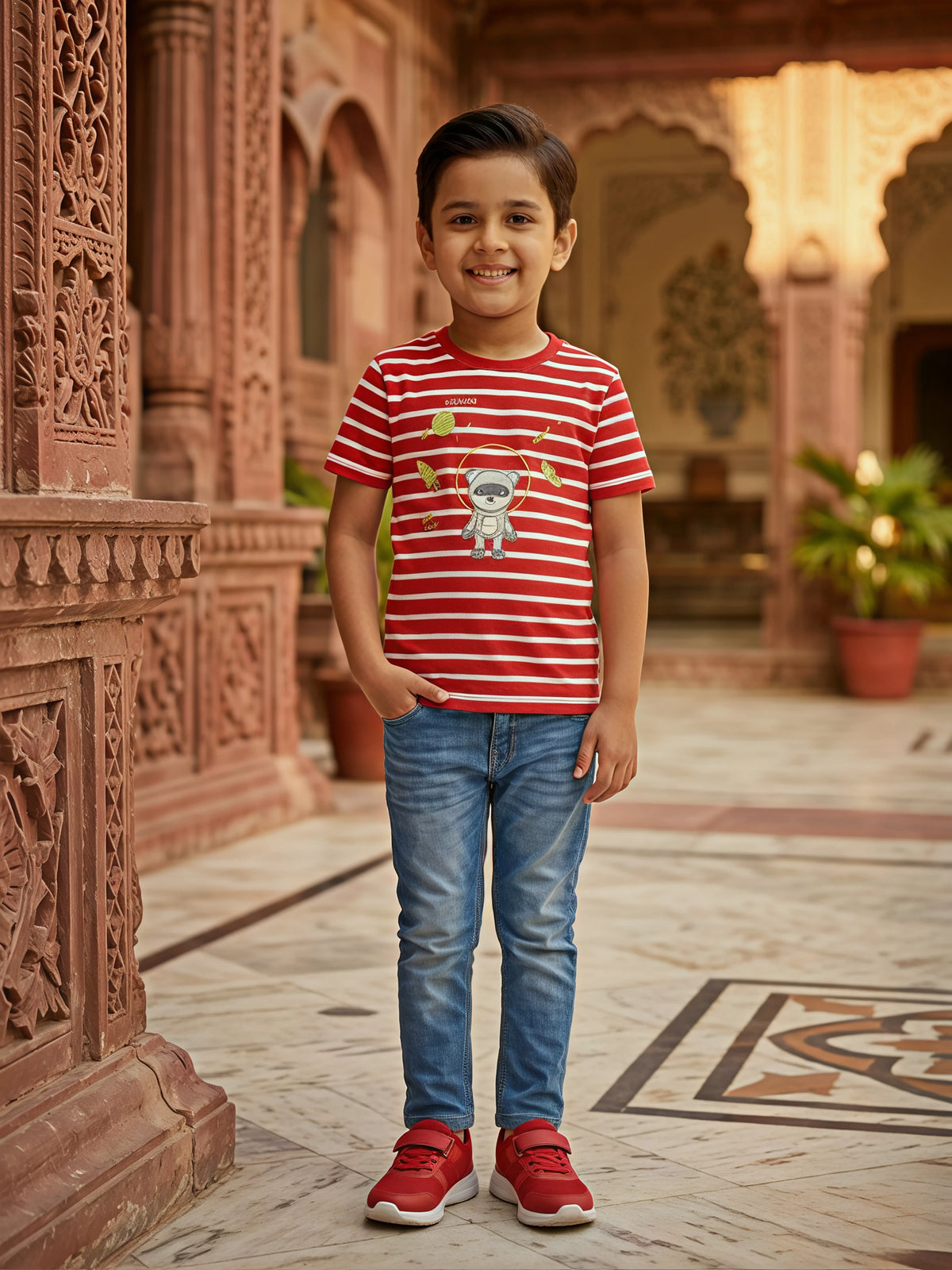 Boys Red Striped Astronaut Bear Graphic T-Shirt