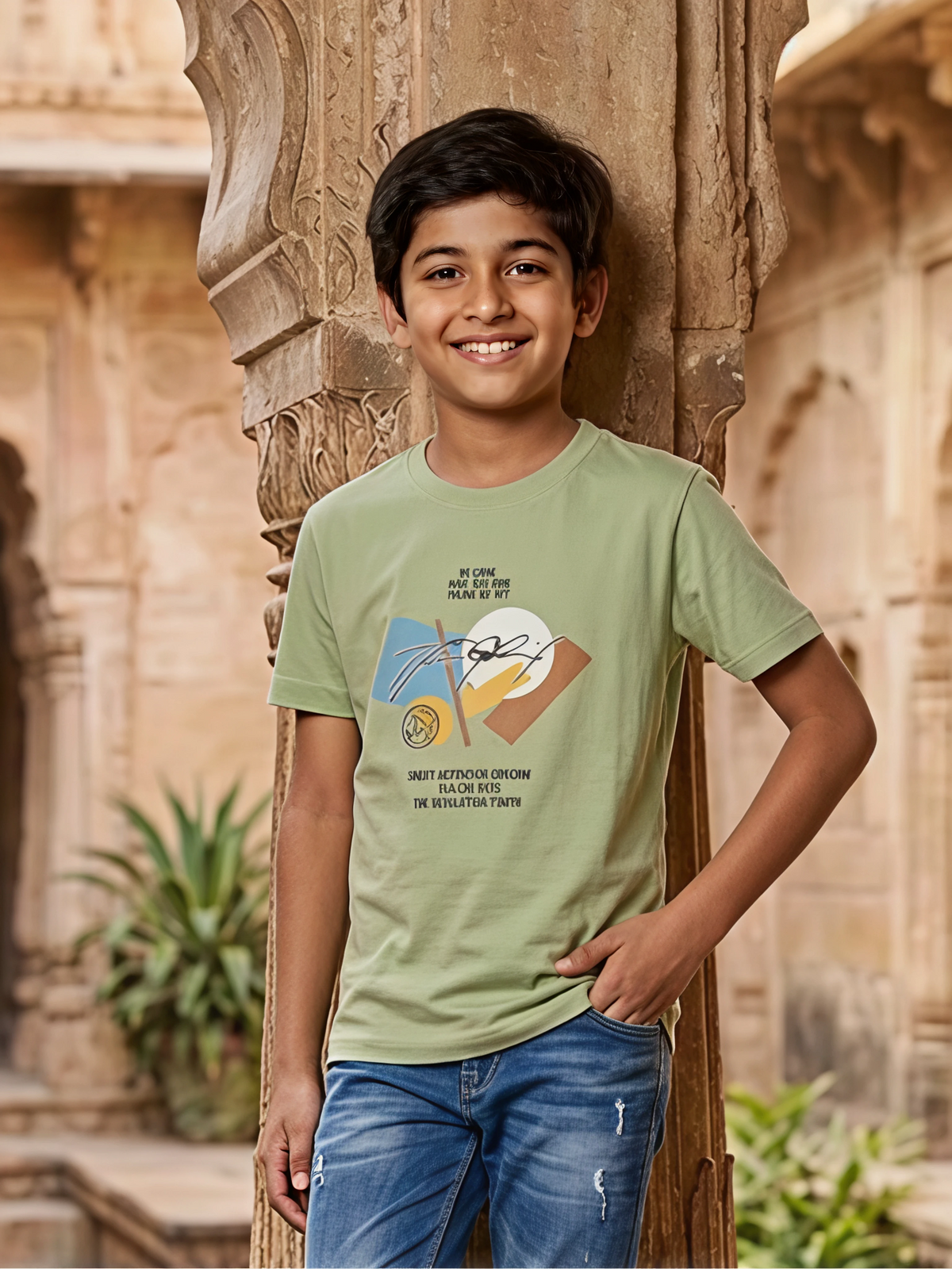 Boys Sage Green Graphic Print Cotton T-Shirt