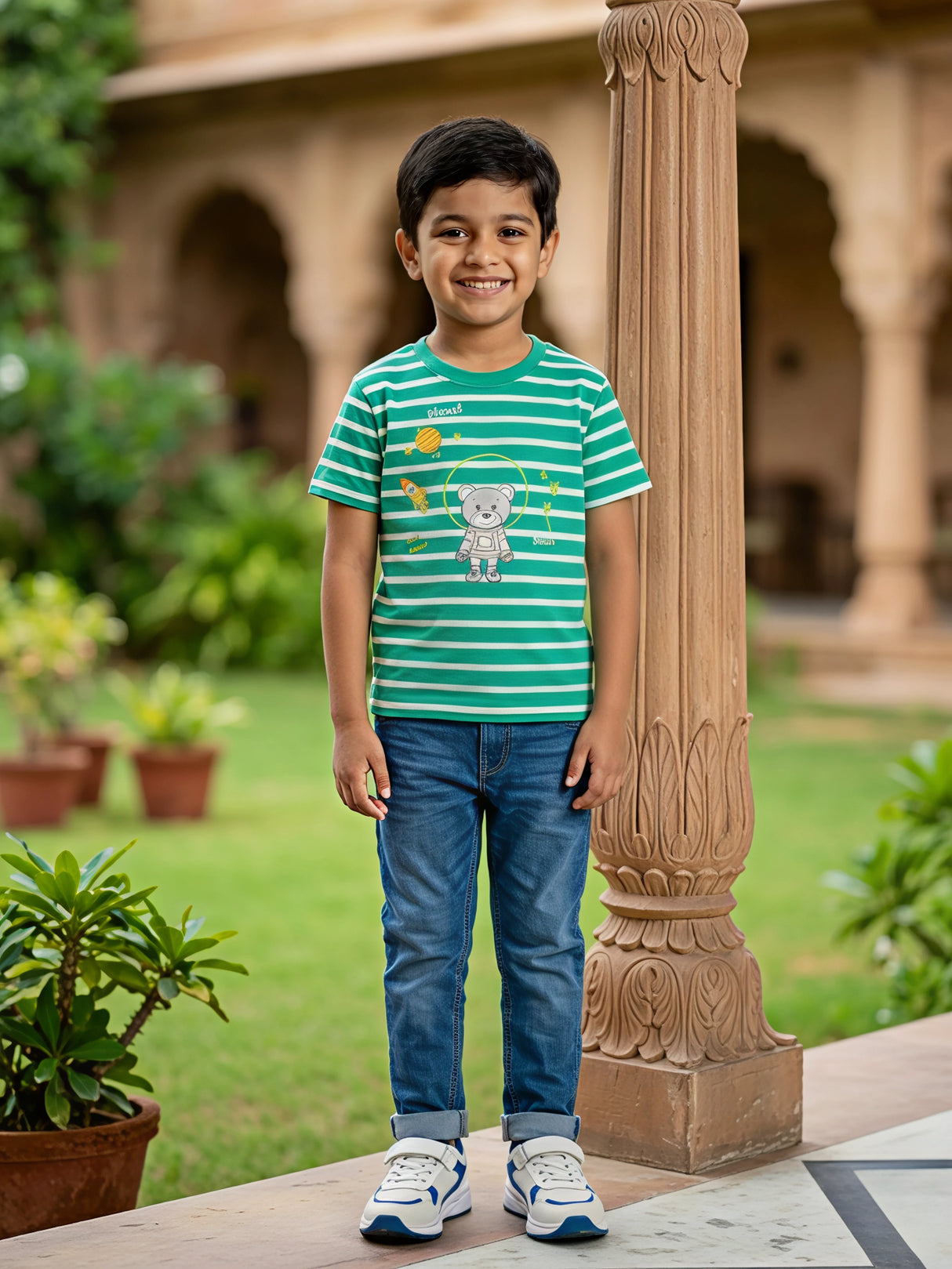 Boys Green Astronaut Bear Striped T-Shirt