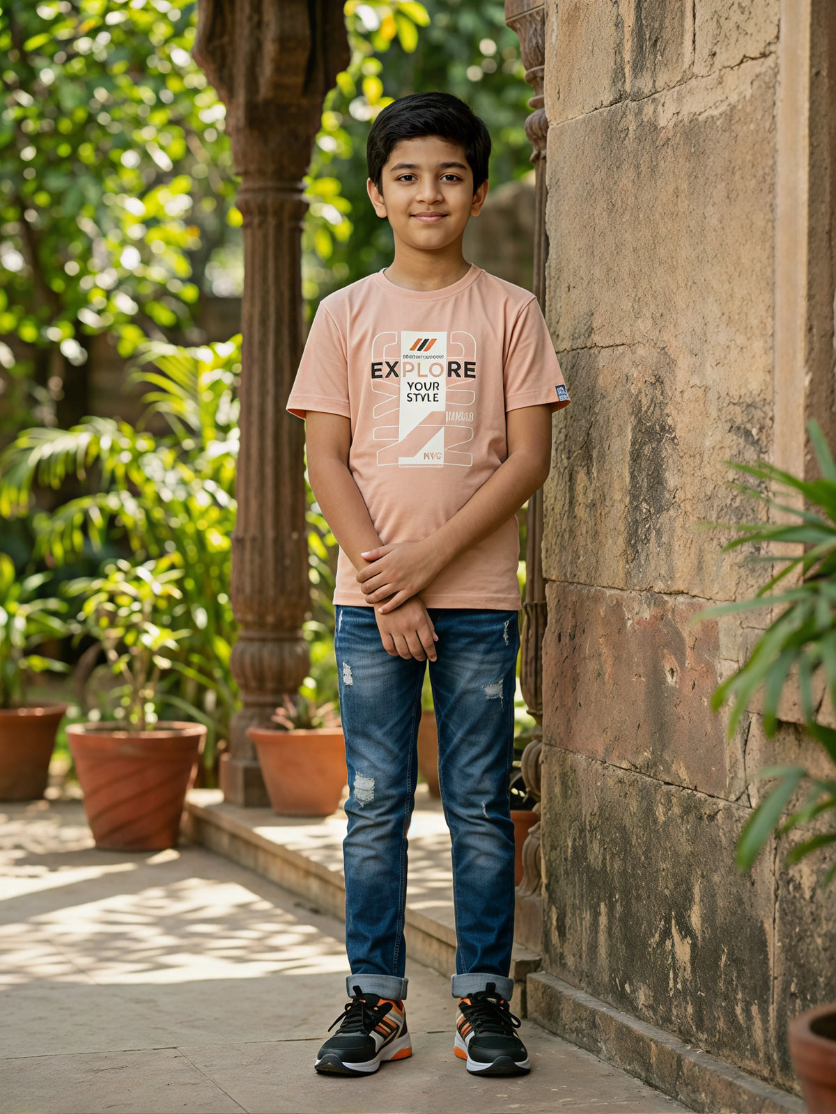 Boys Peach Graphic Print "Explore Your Style" Cotton T-Shirt