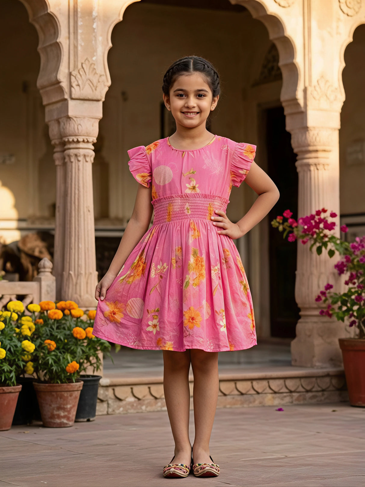 Girls Pink Floral Smocked Waist Frock with Flutter Sleeves