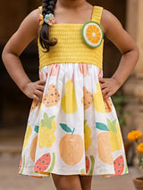 Girls Vibrant Yellow Smocked Cotton Frock with Fruit Print