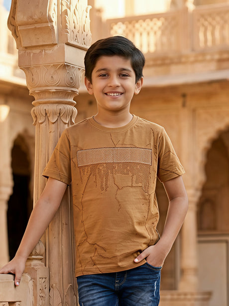 Boys Earthy Brown Graphic Cotton T-Shirt