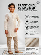 Boys Elegant Light Brown Striped Kurta with Textured Pajama Set