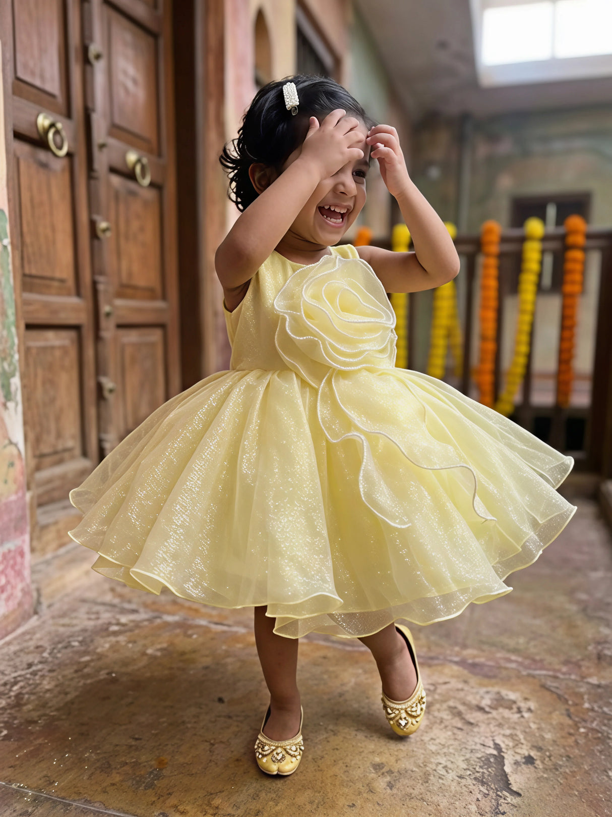 Girls Sunny Yellow Organza Party Wear Frock with 3D Floral Appliqué
