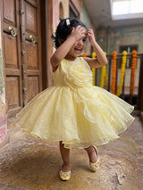 Girls Sunny Yellow Organza Party Wear Frock with 3D Floral Appliqué