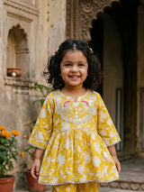 Baby Girls' Mustard Yellow Floral Print Kurti and Ruffled Plazzo Set