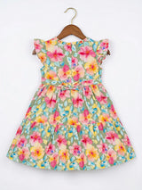 Girls Green Floral Print Ruffle Frock