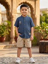 Boys Blue Mandarin Collar Cotton Shirt and Khaki Cargo Shorts Co-ord Set