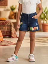 Girls Navy Blue "HAPPY" Appliqué Denim Shorts