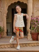 Girls Cream Ruffle Top & Floral Print Shorts Two-Piece Set.