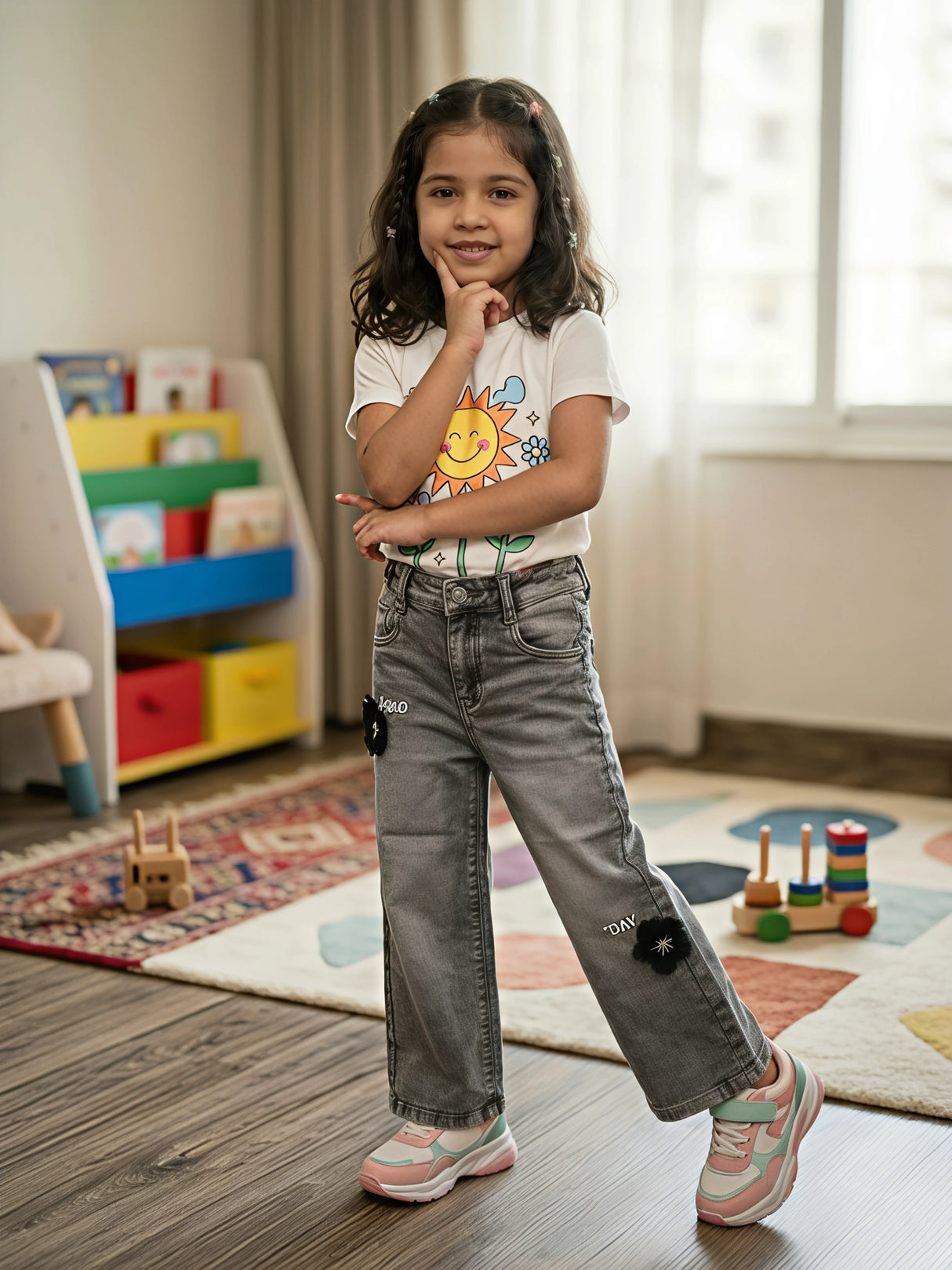 Girls' Charcoal Black Wide-Leg Denim Jeans with Floral Accents
